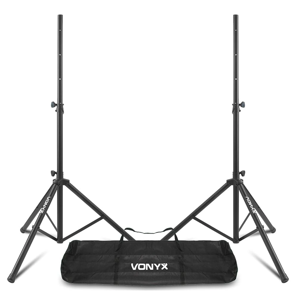 2x Vonyx LS01K Tripod PA Speaker Stands with Carry Bag, Adjustable Height up to 1.75m, 30kg Capacity, Sturdy Steel Build, Fits 35mm PA/DJ Speakers, Set of 2 for Events, Gigs, Parties