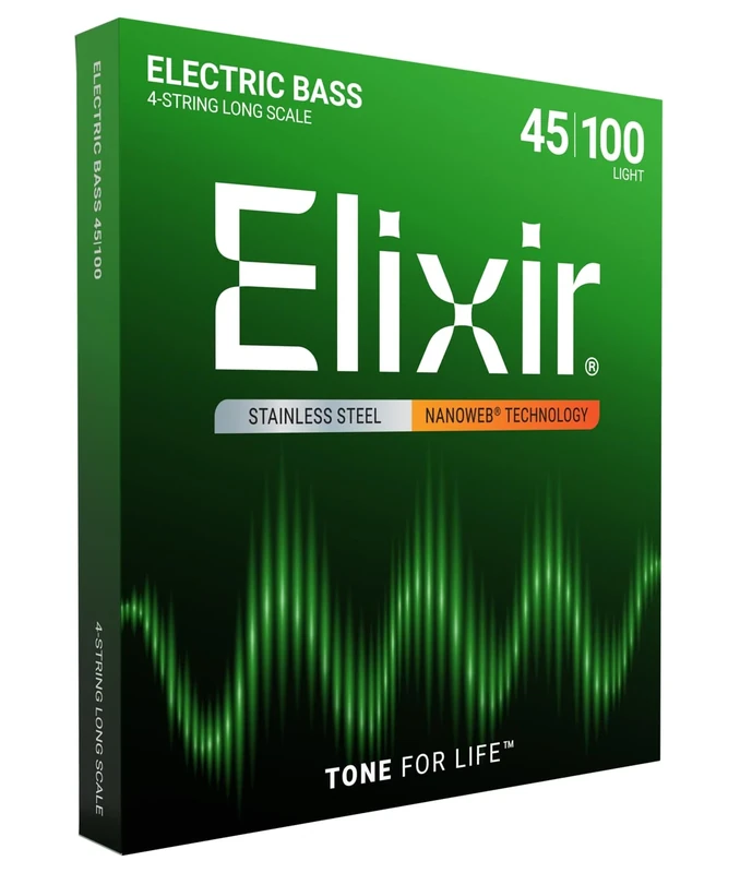 Elixir 14652 Strings Stainless Steel 4-String Bass Strings w NANOWEB Coating, Long Scale, Light (.045-.100)