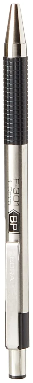 ZEBRA Pen F-301 Black Ballpoint Pens, Ultra Stylish Stainless Steel Black Biro Pens, Retractable Ballpoint Pens With Comfort Grip, Black Ink, Premium ZEBRA Pens For Everyday Use - 1.0mm, 1pc