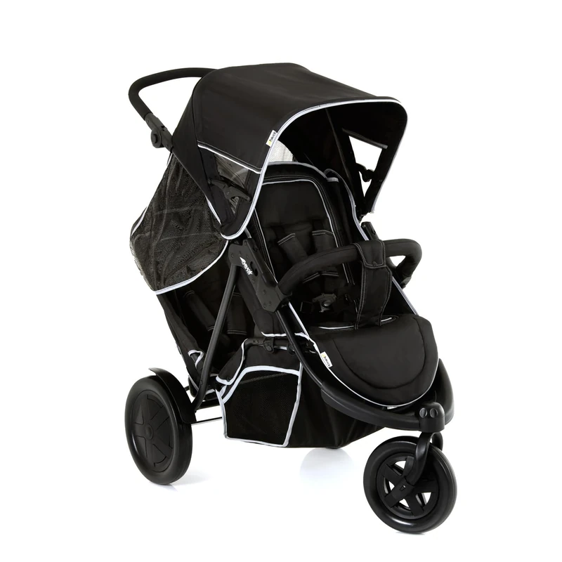 Hauck Double Pushchair Freerider / Three Wheeler / up to 36 kg / Two Children / Height Adjustable / Raincover Included / Removable Second Seat / Foldable / Black