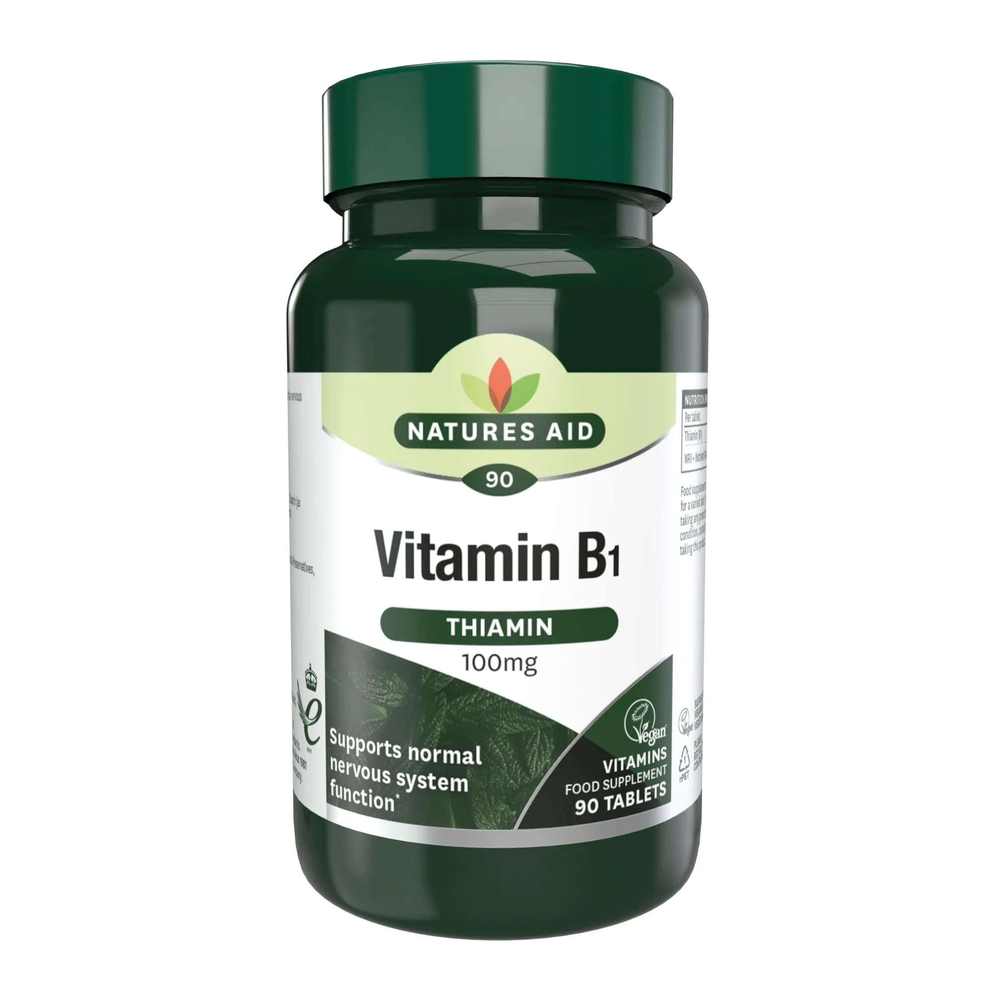 Natures Aid Vitamin B1 100mg Thiamine Tablets – High Strength Food Supplement – Supports Energy Metabolism, Nervous System, Heart & Mind – Vegan, Gluten-Free, Non-GMO – 90 Tablets