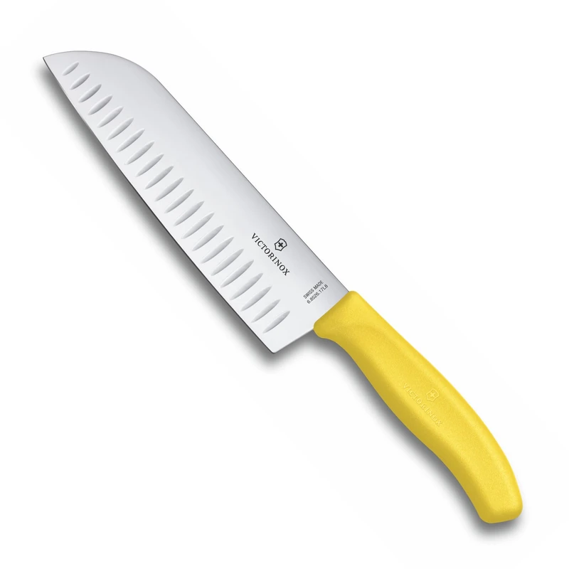Victorinox Swiss Classic Santoku Knife, Asian-Style Knife, Extra-Sharp Blade, Bevelled Edge, 17 cm, Stainless Steel, Blister, Yellow