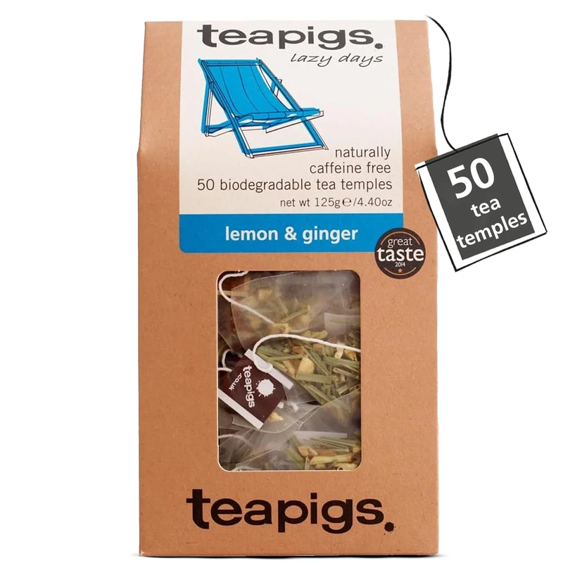 teapigs Lemon Ginger Herbal Tea Bags - Eco-Friendly Blend with Citrus, Lemongrass & Liquorice - Bold Natural Flavour - 50 Eco-Friendly Biodegradable Tea Temples (1 Pack)