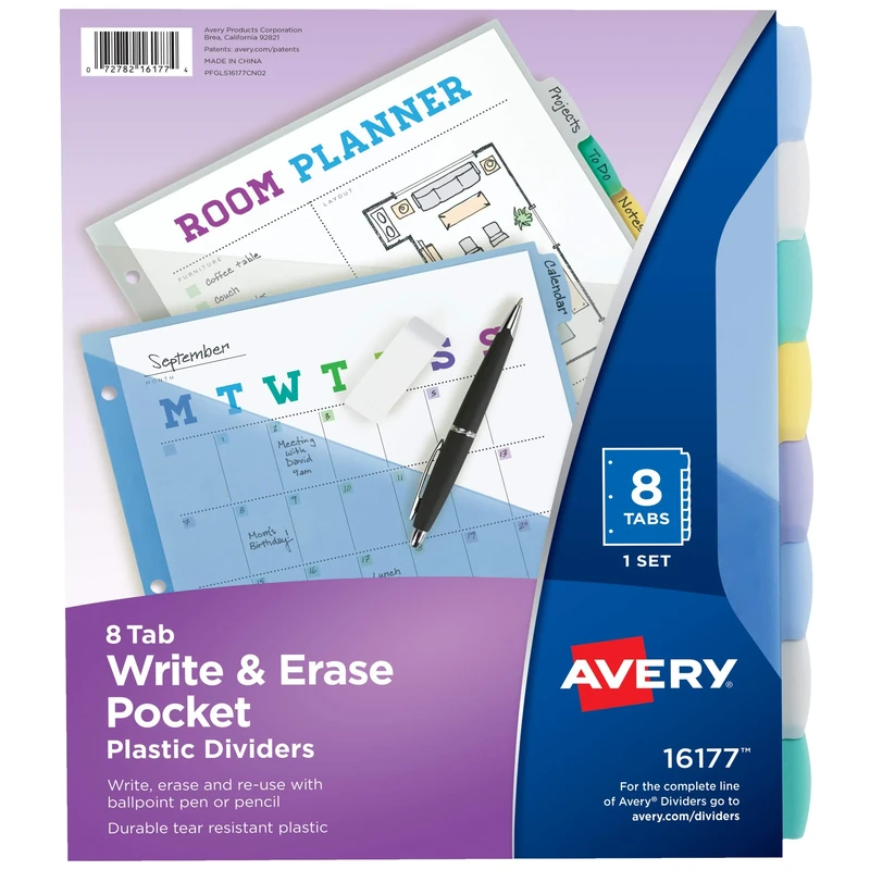 Avery Write & Erase Durable Plastic Dividers with Pockets, 8 Multicolor Tabs, Case Pack of 24 (16177)