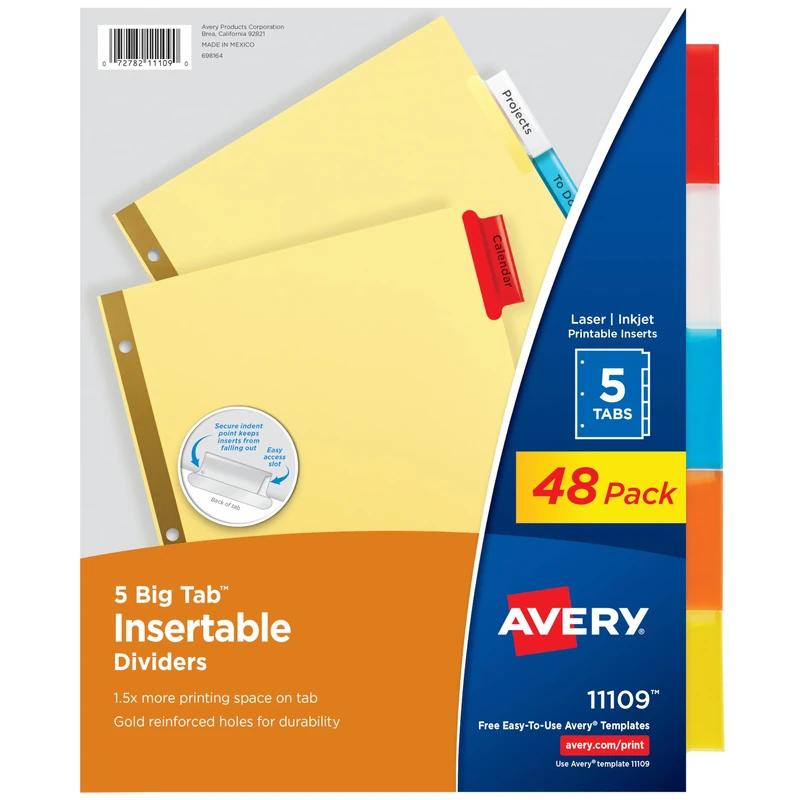 Avery Big Tab Insertable Dividers, Buff Paper, 5 Multicolor Tabs, Case Pack of 48 Sets (11109)