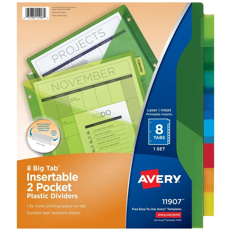 Avery Dividers for 3 Ring Binders, 8-Tab Binder Dividers, Two-Pocket Plastic Binder Dividers, Insertable Big Tabs, Multicolor, Works with Sheet Protectors, 24 Sets (11907)