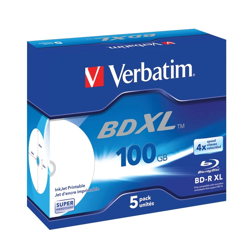 Verbatim BD-R XL 100 GB - Blu-ray Disc with 4x Write Speed, Printable, Jewel Case, 5-Pack