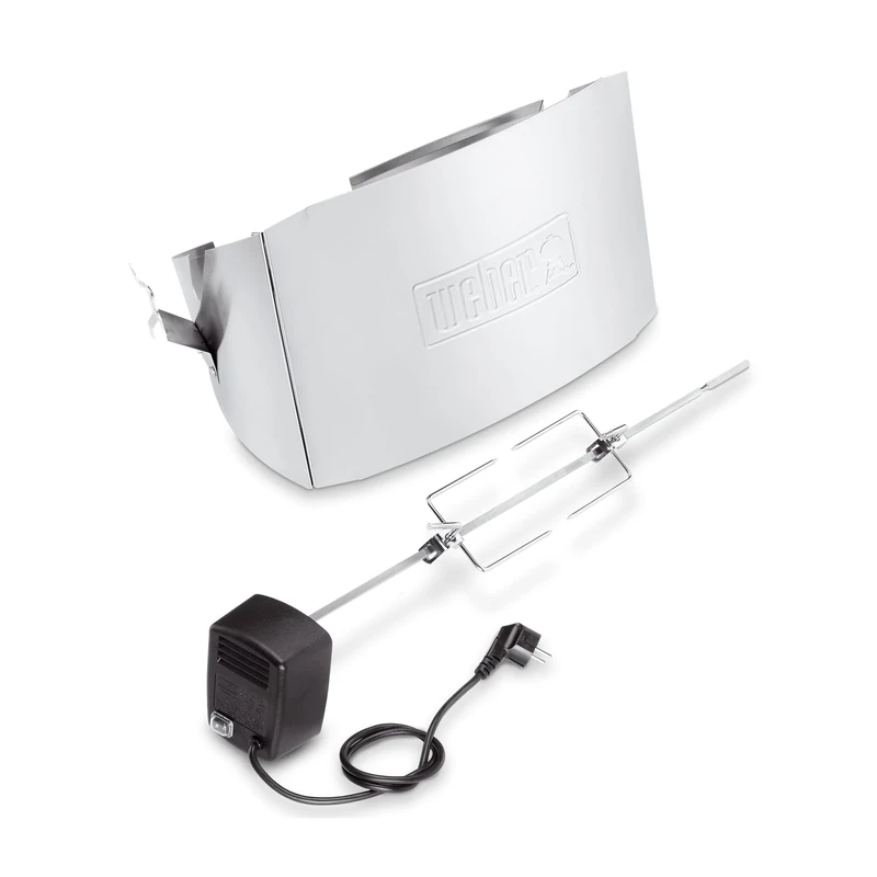 Weber rotisserie (length 80cm) for all Q300/3000/3200 models, with electric motor & two forks to secure the food. optimum for chicken or roasts - silver (17524)