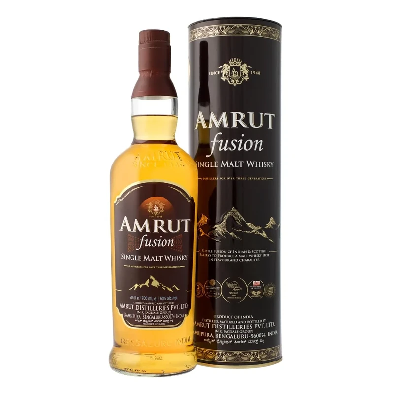 Amrut Fusion Indian Single Malt Whisky | 50% | 70cl | Full Bodied and Complex | Notes of Tropical Fruits and Subtle Smoke | With Gift Box | Perfect for Gifting