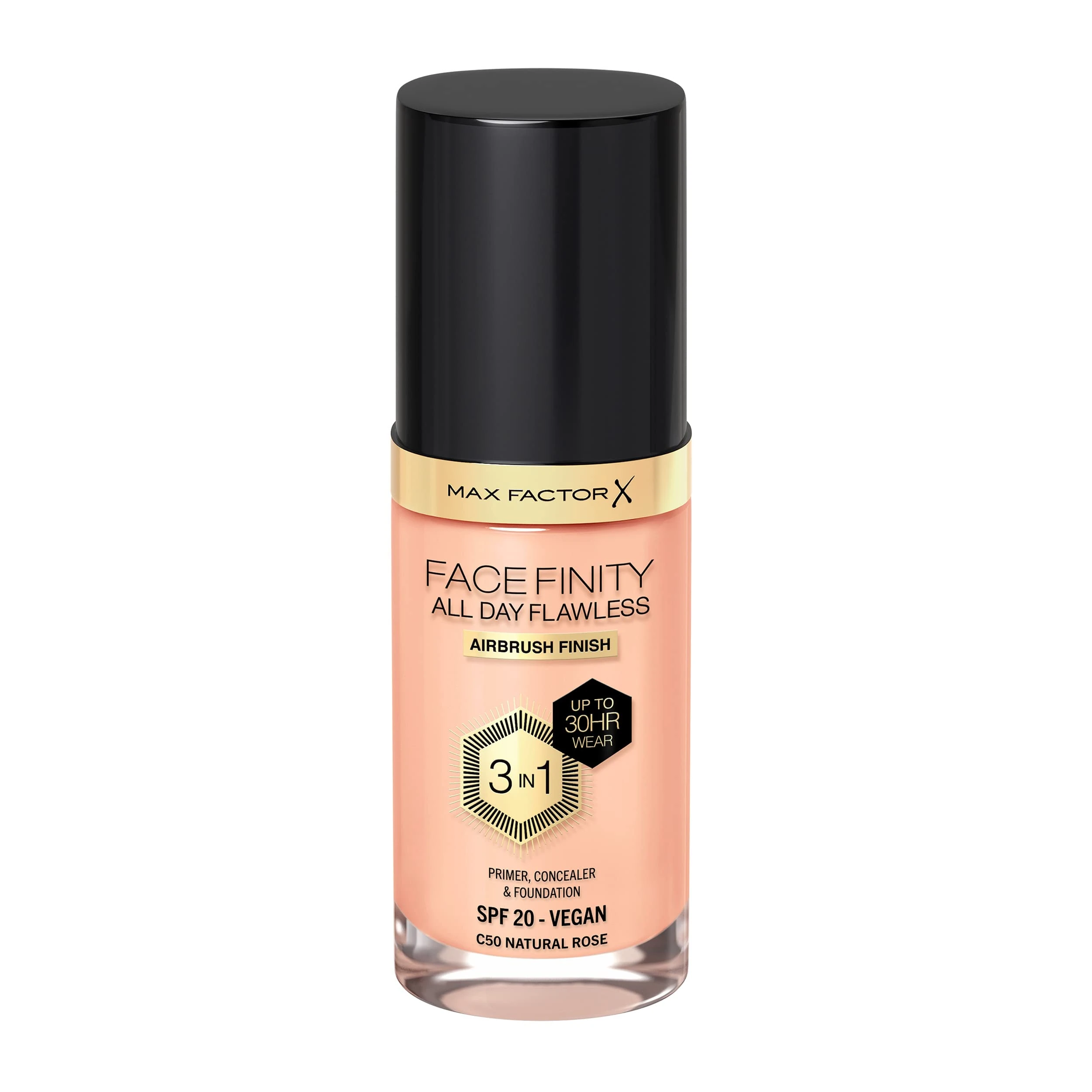 MAX FACTOR - Facefinity All Day Flawless Foundation - 3-in-1 Concealer, Liquid Foundation & Face Primer - Up To 30hr Wear - Flawless Airbrush Finish, SPF 20, Vegan - C50 Natural Rose - 30ml