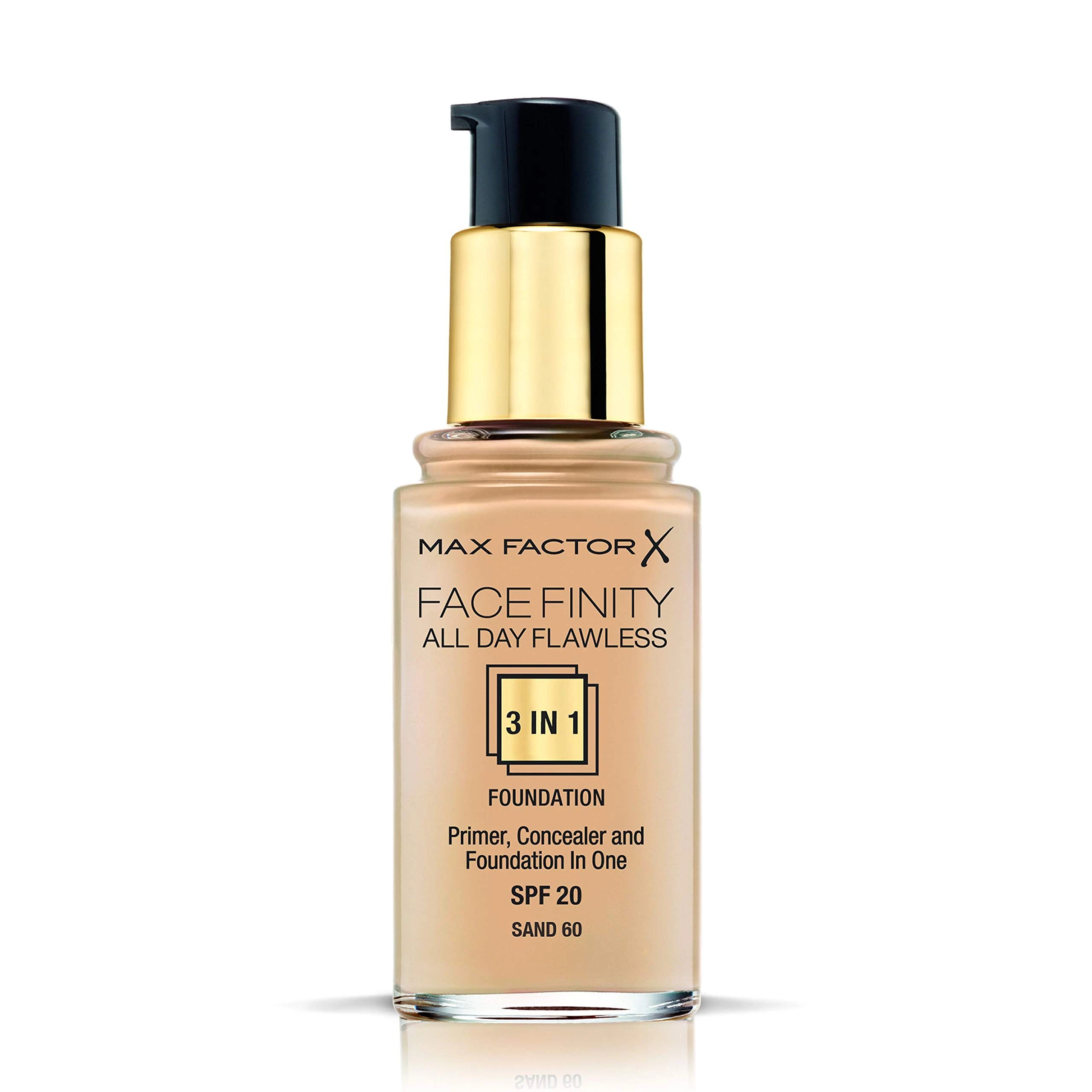 Max Factor Facefinity 3-in-1 All Day Flawless Liquid Foundation, SPF 20 - 60 Sand (Packaging May Vary)