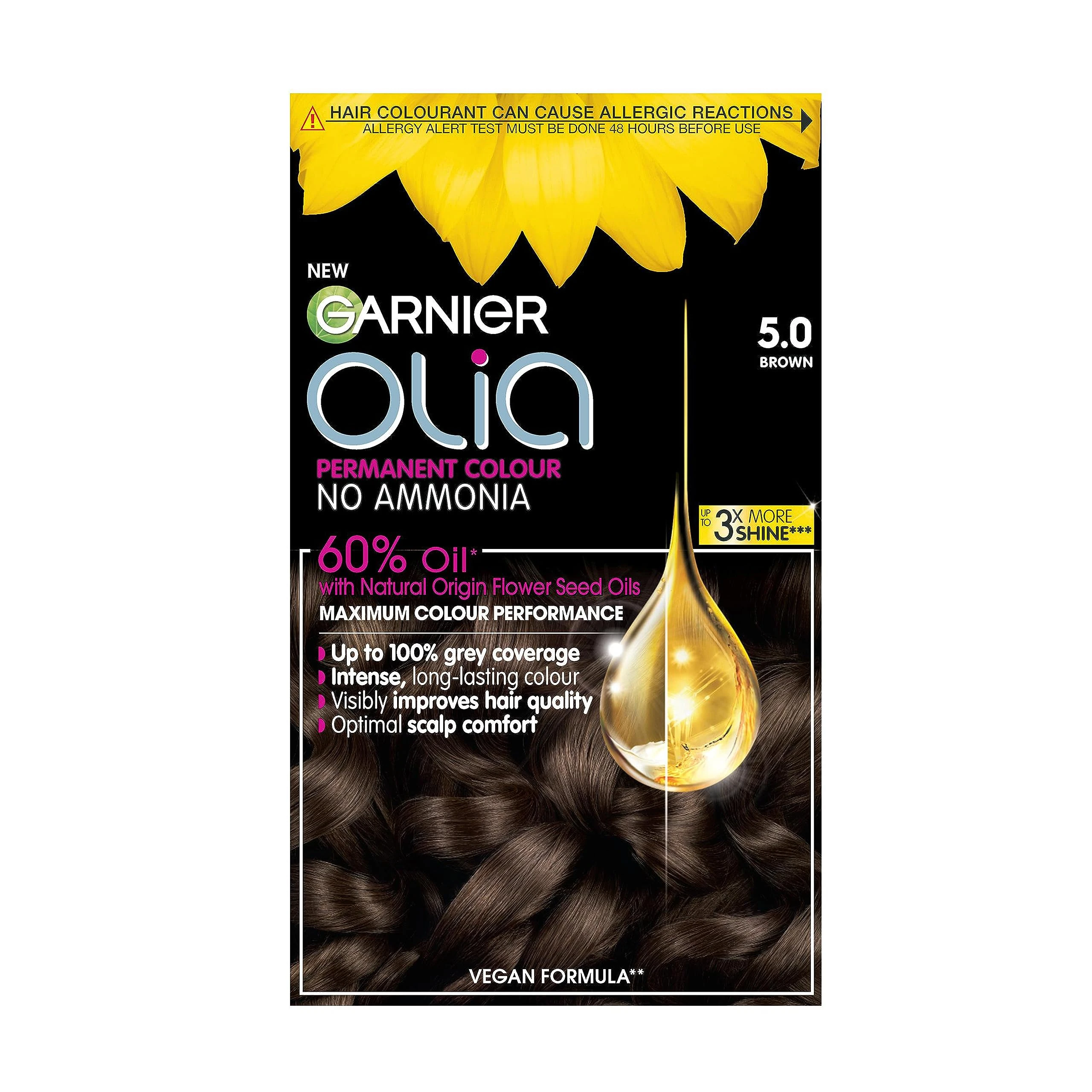 Garnier Olia 5.0 Brown, oil-powered, no-ammonia. 100% grey coverage. Luminous, long-lasting, vibrant brown hair color with exceptional shine and a healthy, nourished feel.