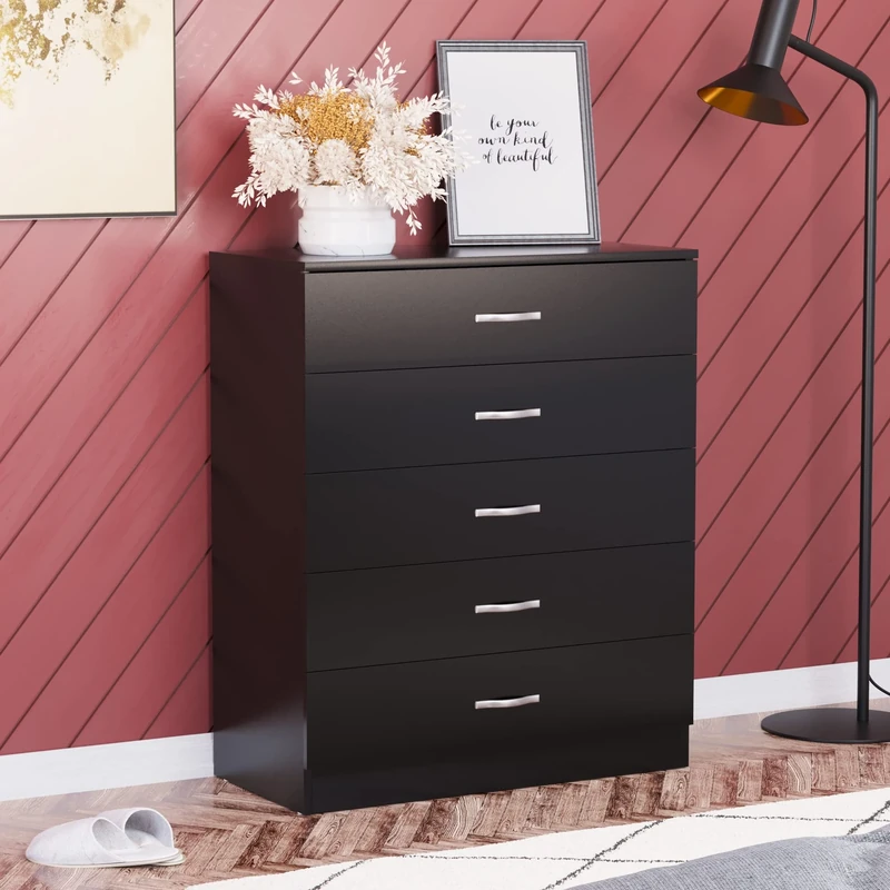 Vida Designs Black Chest of Drawers, 5 Drawer Metal Handles Runners Anti-Bowing Support Furniture