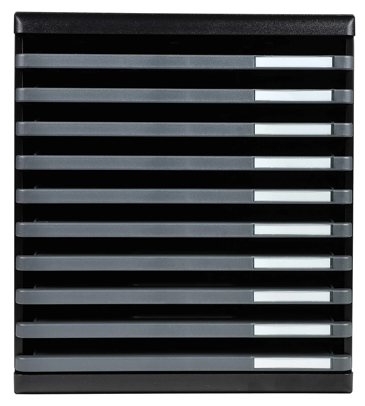 Exacompta - Ref 304714D - Modulo A4 EcoBlack - 350 x 288 x 320mm in Size, 10 Open Drawers (26mm Height), Smooth Opening with Stop, Label Holders - Black/Mouse Grey