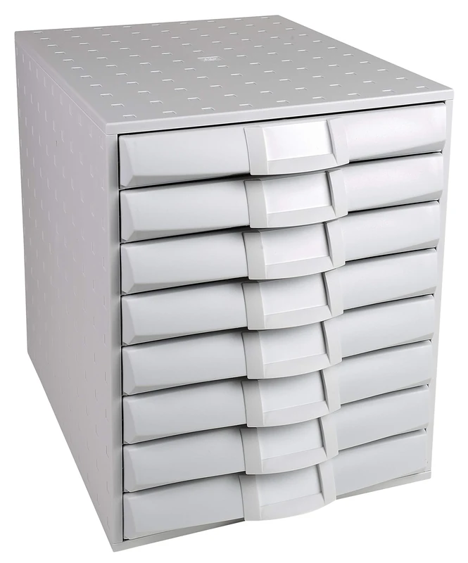Exacompta - Ref 226040D - The System 8 Office - 387 x 287 x 338mm in Size, 8 Closed Drawers, 38mm in Height, Smooth Stop Feature, Label Holders & Connectors - Light Grey