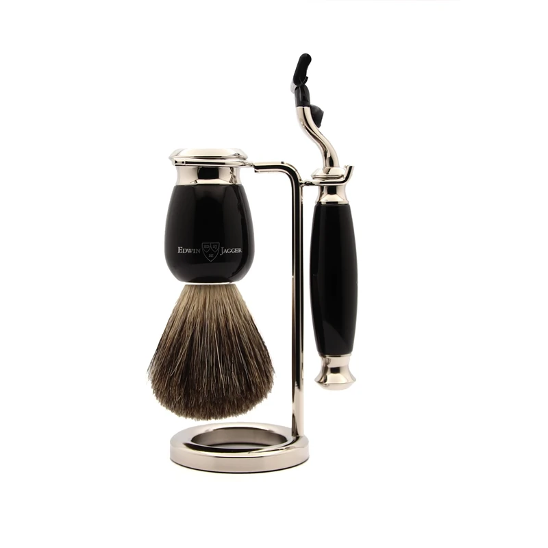 Edwin Jagger S81M586AMZ Imitation Ebony & Nickel Classic Shaving Set with Pure Badger Shaving Brush and Mach 3 Razor for Shaving Cream or Soap for Men