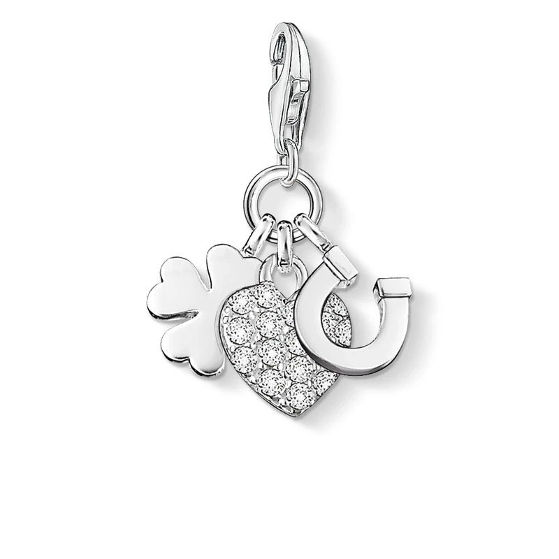 Thomas Sabo Women Charm Pendant Lucky Heart Horseshoe Cloverleaf Charm Club 925 Sterling Silver 0870-051-14