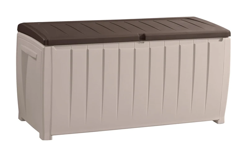 Keter Novel Outdoor Plastic Storage Box, Wood-Panel Effect with 340L Capacity, Lockable Lid with Easy-Open Support, 124 x 55 x 62.5 cm, Beige and Brown
