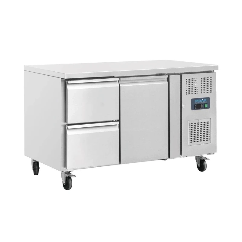 Polar Refrigeration U-Series 350W 1 Door 2 Drawer Counter Fridge 282 Litre, Stainless Steel, -2°C to 5°C, 850(H)x1360(W)x700(D)mm, 1 Shelf, Energy Rating B, Usable Capacity: 171Ltr | GD873