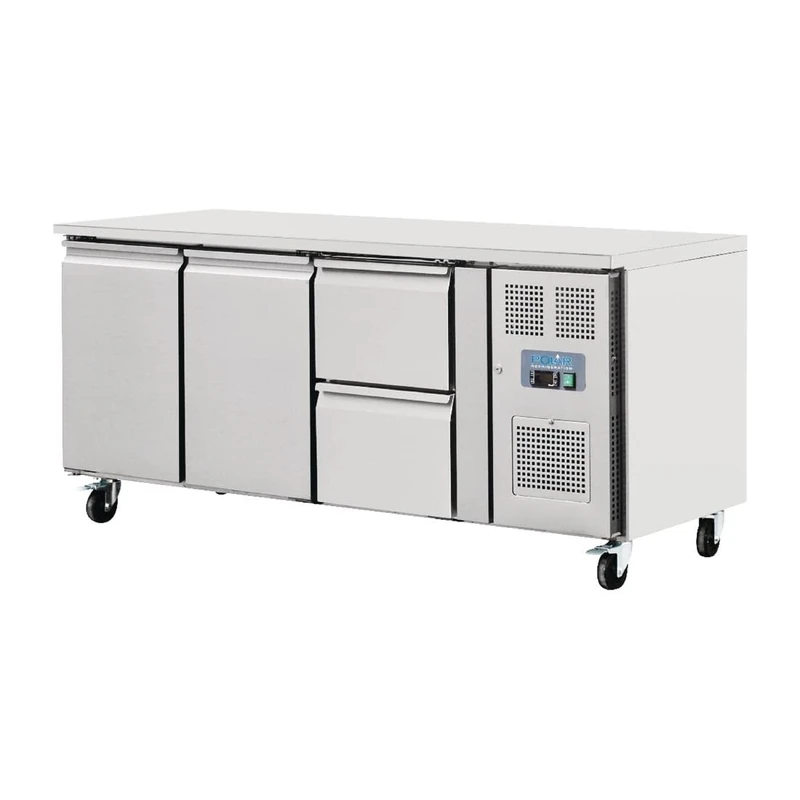 Polar Refrigeration U-Series 350W 2 Door and 2 Drawer Counter Food Prep Fridge 417 Litre, Stainless Steel, -2°C to 5°C, 860(H)x1795(W)x700(D)mm, 2 Shelves, Energy Rating B | GD874