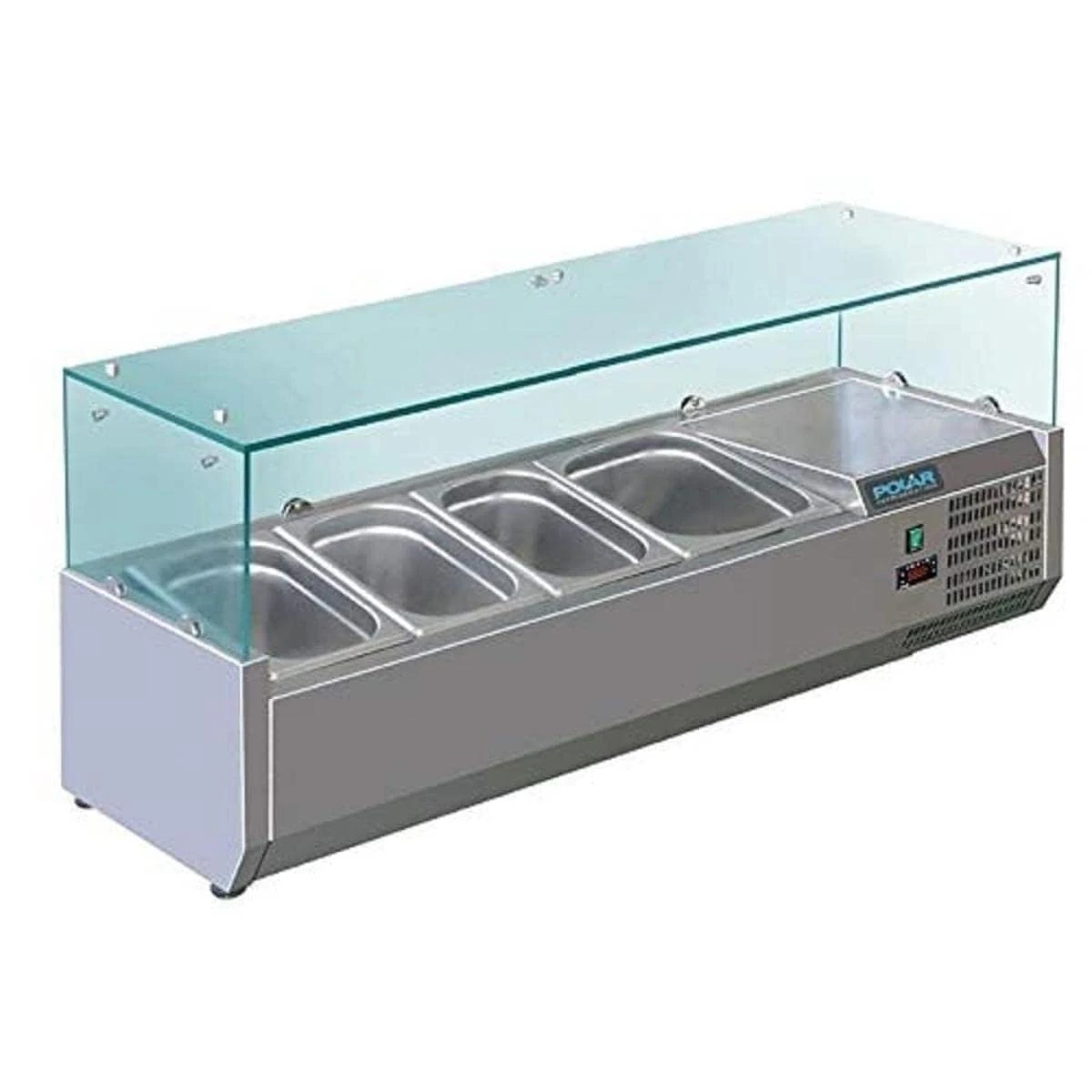 Polar Refrigeration G-Series 150W Countertop Food Prep Fridge with Glass Surround, Stainless Steel, 2°C to 8°C, 435(H)x1200(W)x395(D)mm, Capacity: 3x 1/3 & 1x 1/2 GN Pans (Sold Separately) | GD875
