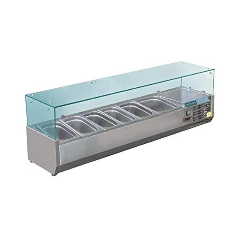 Polar Refrigeration G-Series 150W Countertop Food Prep Fridge with Glass Surround, Stainless Steel, 2°C to 8°C, 435(H)x1500(W)x395(D)mm, Capacity: 5x 1/3 & 1x 1/2 GN Pans (Sold Separately) | GD876