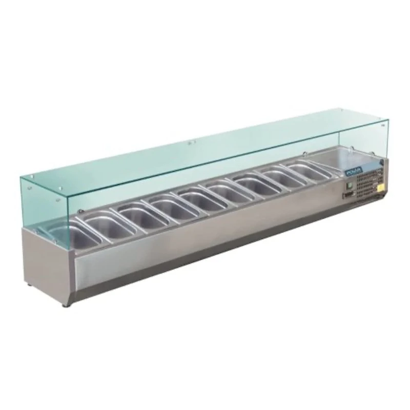 Polar Refrigeration G-Series 230W Countertop Food Prep Fridge with Glass Surround, Stainless Steel, 2°C to 8°C, 435(H)x2000(W)x395(D)mm, Capacity: 9x 1/3 Gastronorm Pans (Sold Separately), GD878