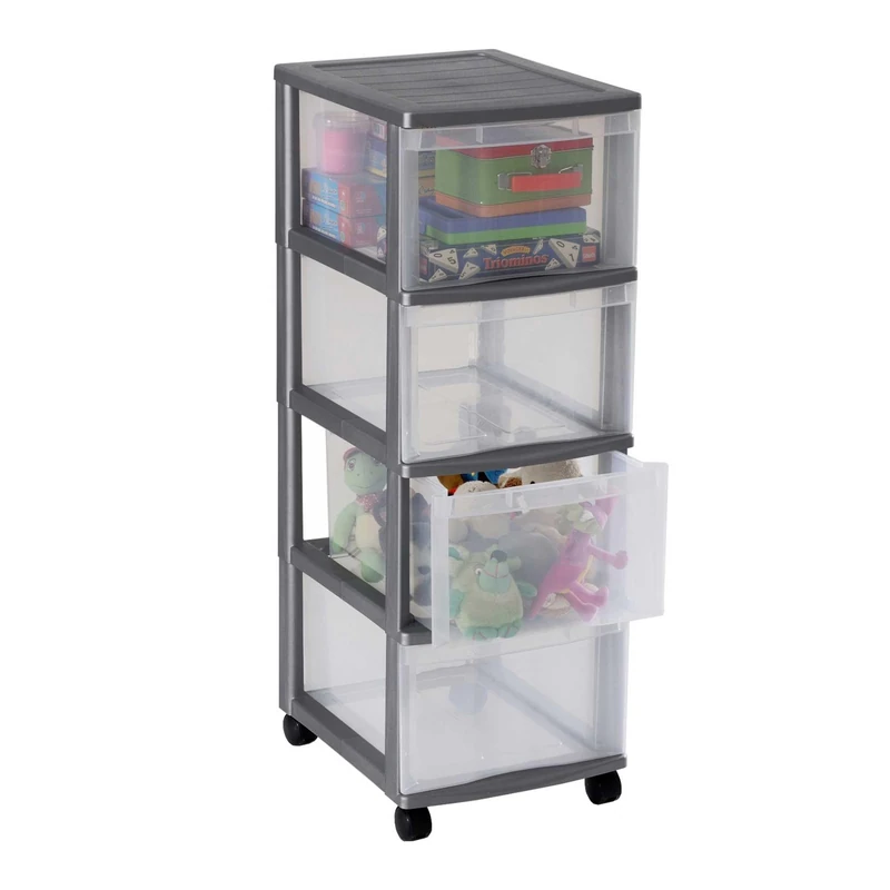 Sundis Drawer Storage Tower Container on wheels 415508F096, with 4 drawers, made from plastics (PP), aprrox 38.5 x 30 x 85.3 cm (lxwxh), case silver/drawers transparent - Image 1