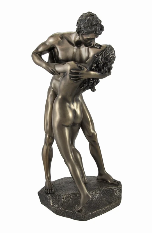 Veronese Design Bronzed Nude Lovers in a Passionate Embrace Sharing a Kiss Statue