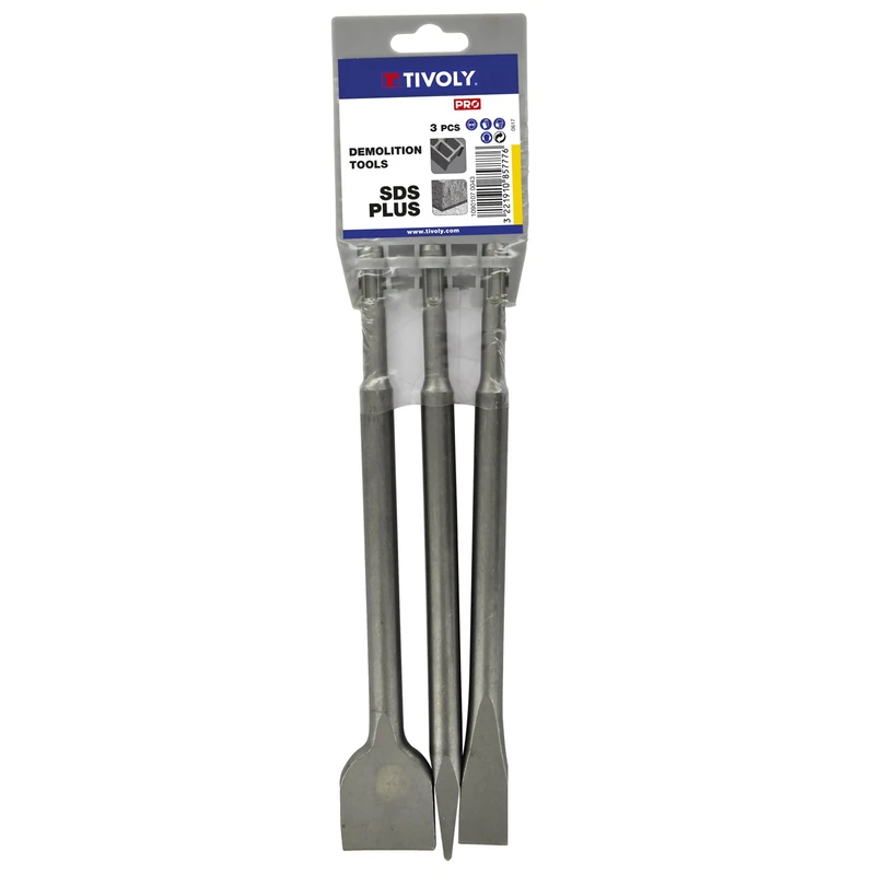 TIVOLY 10901070043 L250mm SDS+ Demolition Tools- Pointed Chisel-20mm 3/4", Large Chisel-40mm Large Chisel (Pack of 3), Grey - Image 1