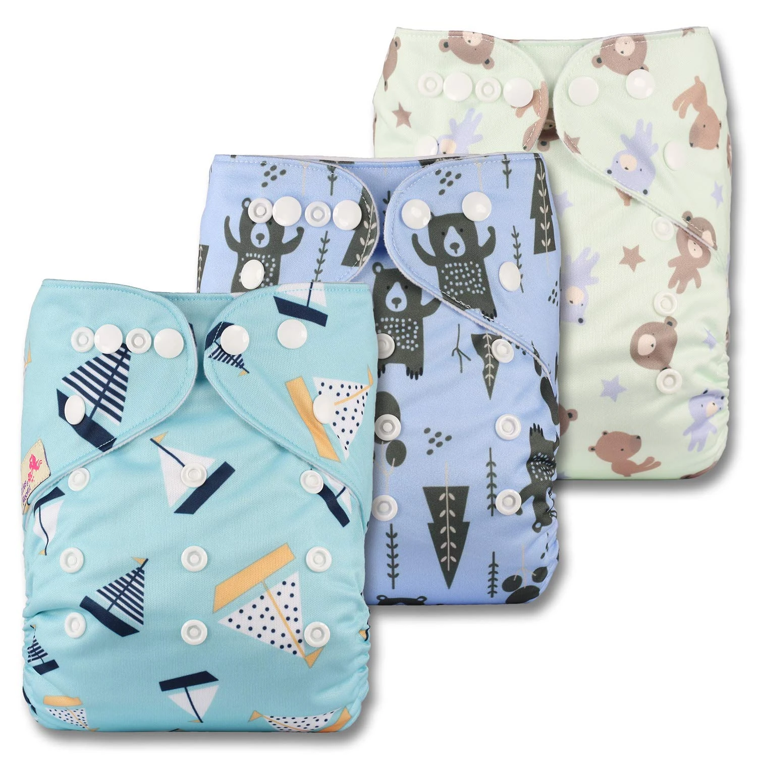 Littles & Bloomz, Reusable Pocket Cloth Nappy, Fastener: Popper, Set of 3, Patterns 304, Without Insert