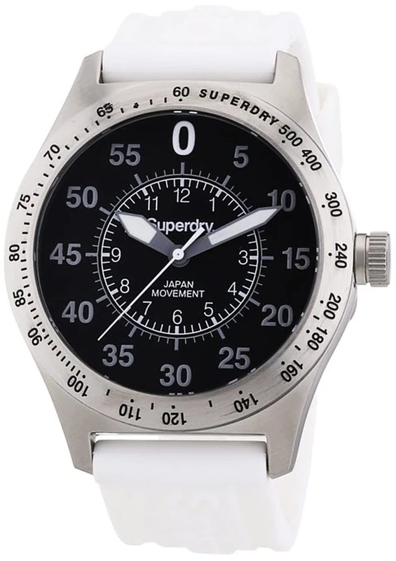 Superdry - SYG111W - Men's Watch - Analogue Quartz - Black Dial - White Silicone Strap, Black/White, Strap