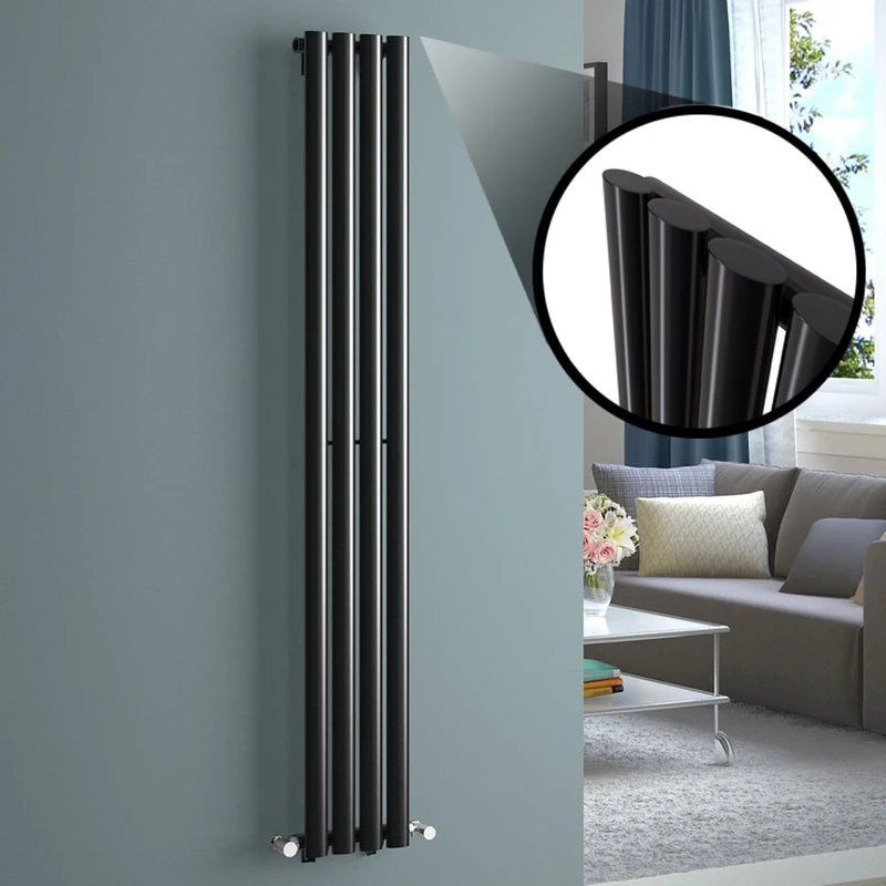 iBathUK | 1600 x 240 mm Designer Vertical Column Radiator Black Oval Single Panel