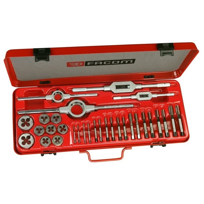 FACOM - Tap, Die and Tool Holder Compositions - 221.227J1 - Tap and Die Set - 2 Taps by Dimensions - Trimmer and Finisher - Cobalt Taps - Tray and Box Included