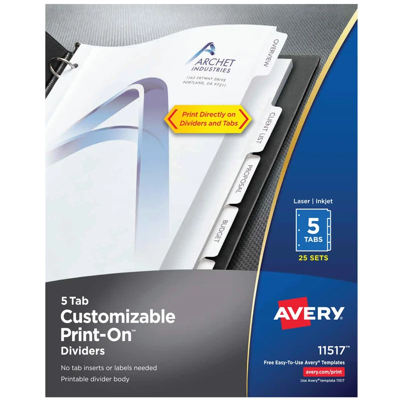 Avery Print-On Dividers, White, 5 Tabs, 25 Sets (11517)