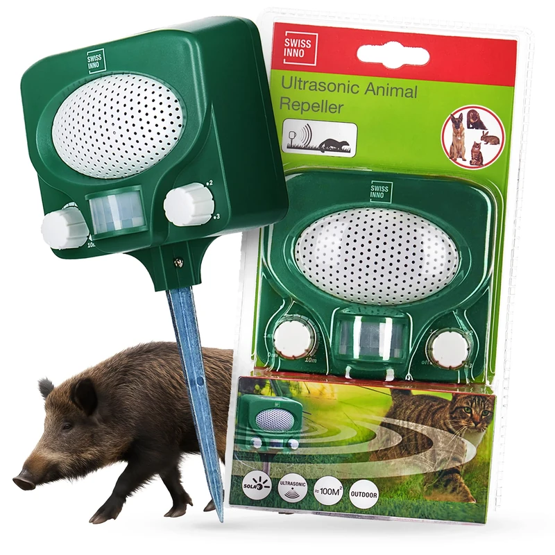 SWISSINNO Ultrasonic Animal Repeller – Repels Cats Dogs Martens Rabbits Foxes – Solar Powered – 100 m² Coverage – Weatherproof for Outdoor Use – Day & Night Protection