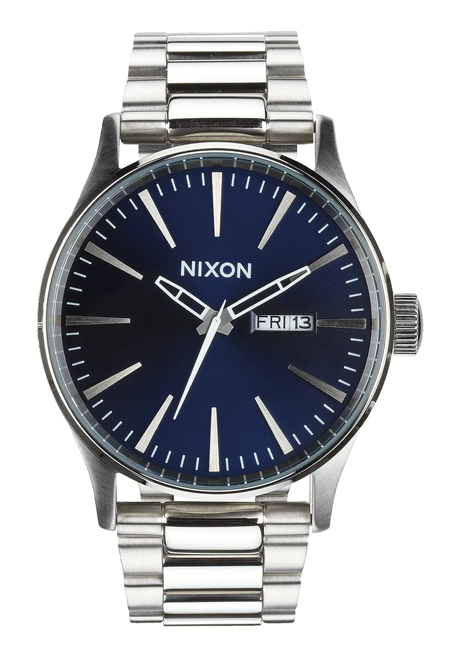 NIXON Sentry SS Stainless Steel Day/Date 42mm WR 100 Meters Mens Watch A356, Blue Sunray, One Size, Chronograph