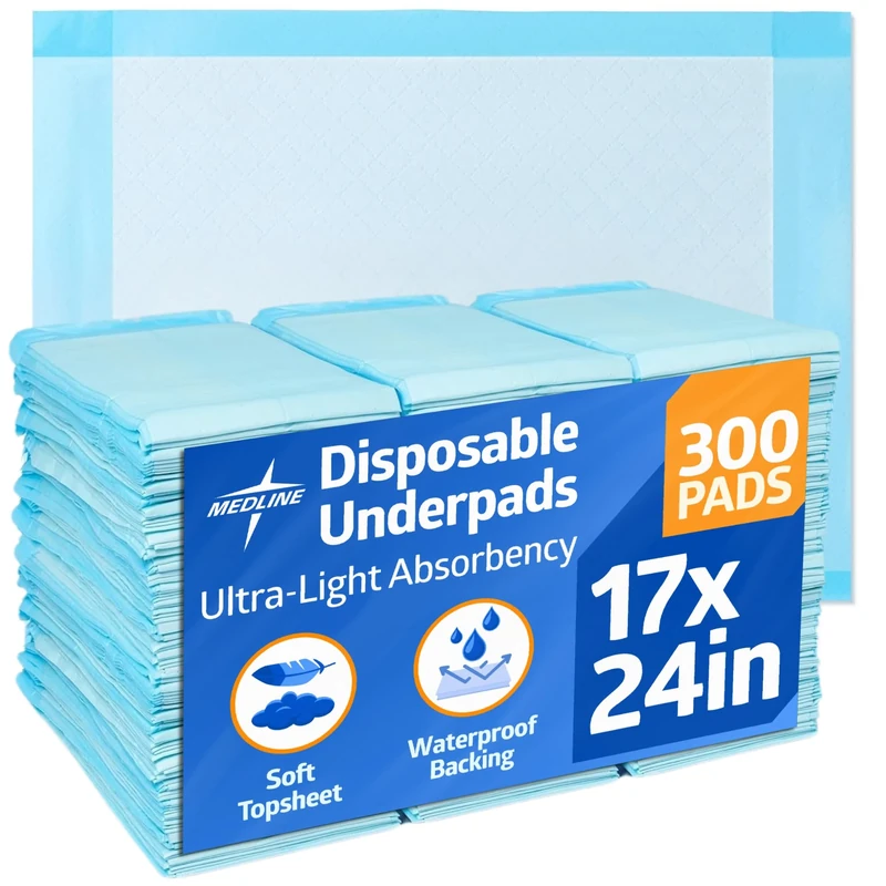 Medline Industries, Inc. MSC281224C Ultra Lightweight Tissue and Plastic 17” x 24” Disposable Underpad, Great For Changing Table and Surfaces, 300 Per Case