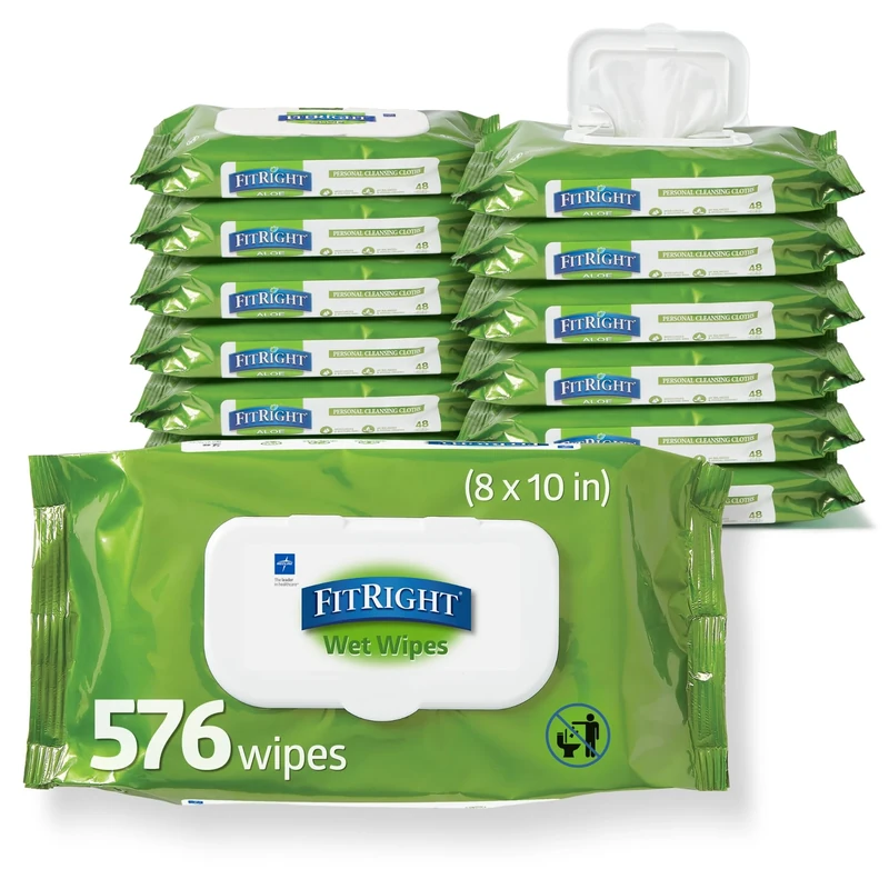 FitRight Aloe Personal Cleansing Cloth Wipes, Scented, 576 Count, 8 x 12 inch Adult Large Incontinence Wipes