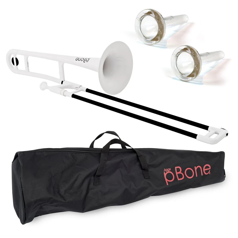 pBone PBONE1W Plastic Trombone with Mouthpiece and Carry Bag - Bb Student Beginner - White, 14.0 in*38.0 in*11.0 in