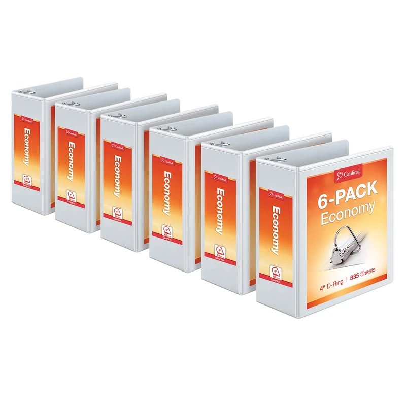 Cardinal Economy 3-Ring Binders, 4", Slant-D Rings, Holds 835 Sheets, ClearVue Presentation View, Non-Stick, White, Case of 6 (90781)