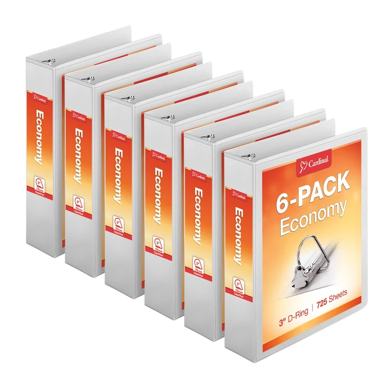 Cardinal Economy 3-Ring Binders, 3", Slant-D Rings, Holds 725 Sheets, ClearVue Presentation View, Non-Stick, White, Case of 6 (90771)