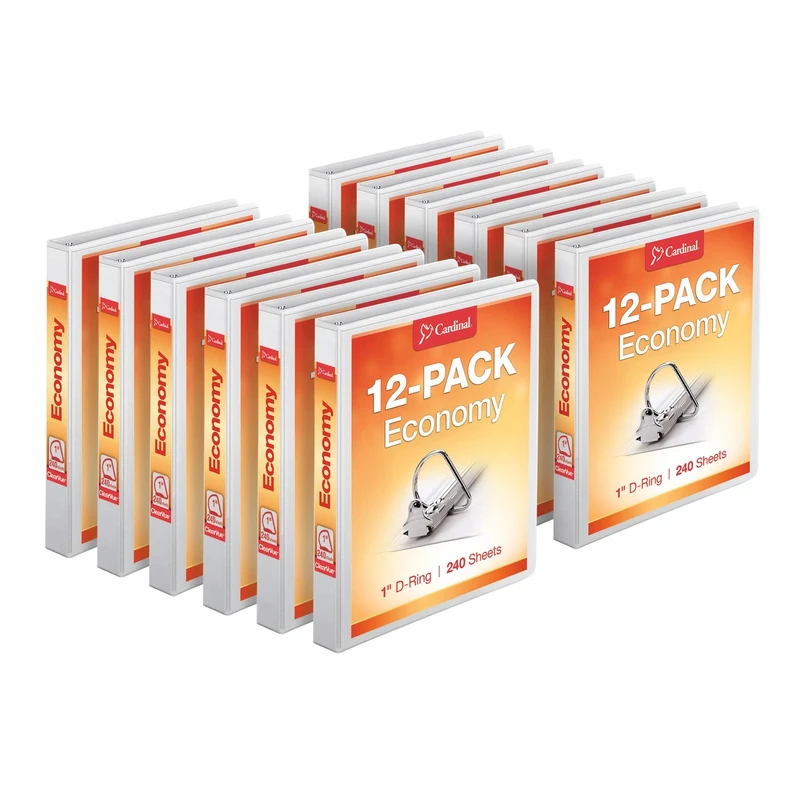 Cardinal Economy 3-Ring Binders, 1", Slant-D Rings, Holds 240 Sheets, ClearVue Presentation View, Non-Stick, White, Case of 12 (90741)
