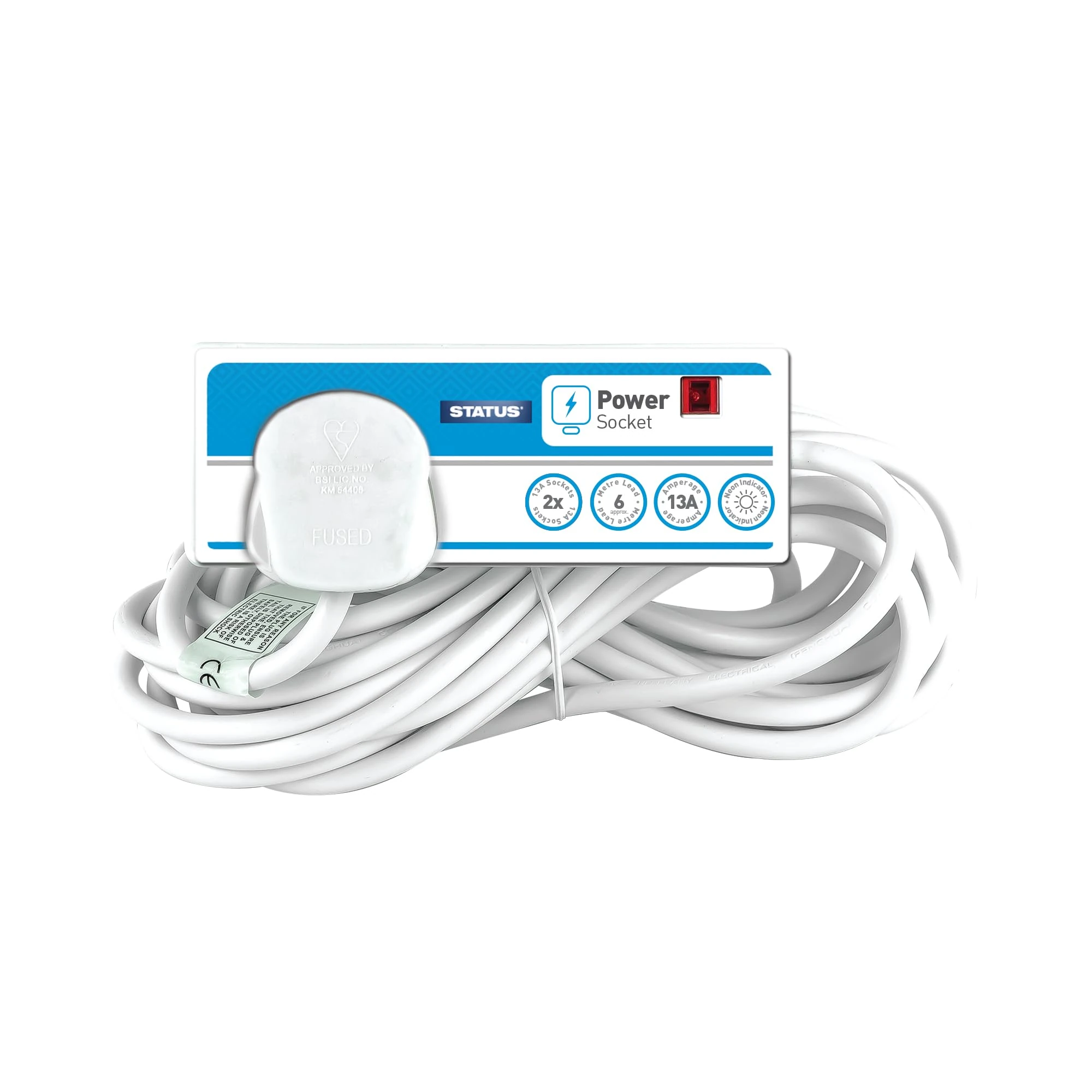 STATUS White Extension Lead, 6m Extension Cable with 2 Sockets with Neon Indicator, S2W6MS8