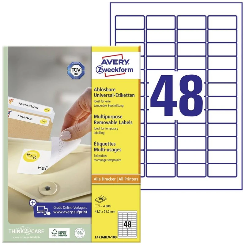 Avery Zweckform Multi-Purpose Removable Labels for All A4 Printers, 45.7 x 21.2 mm weiß (wiederablösbar)