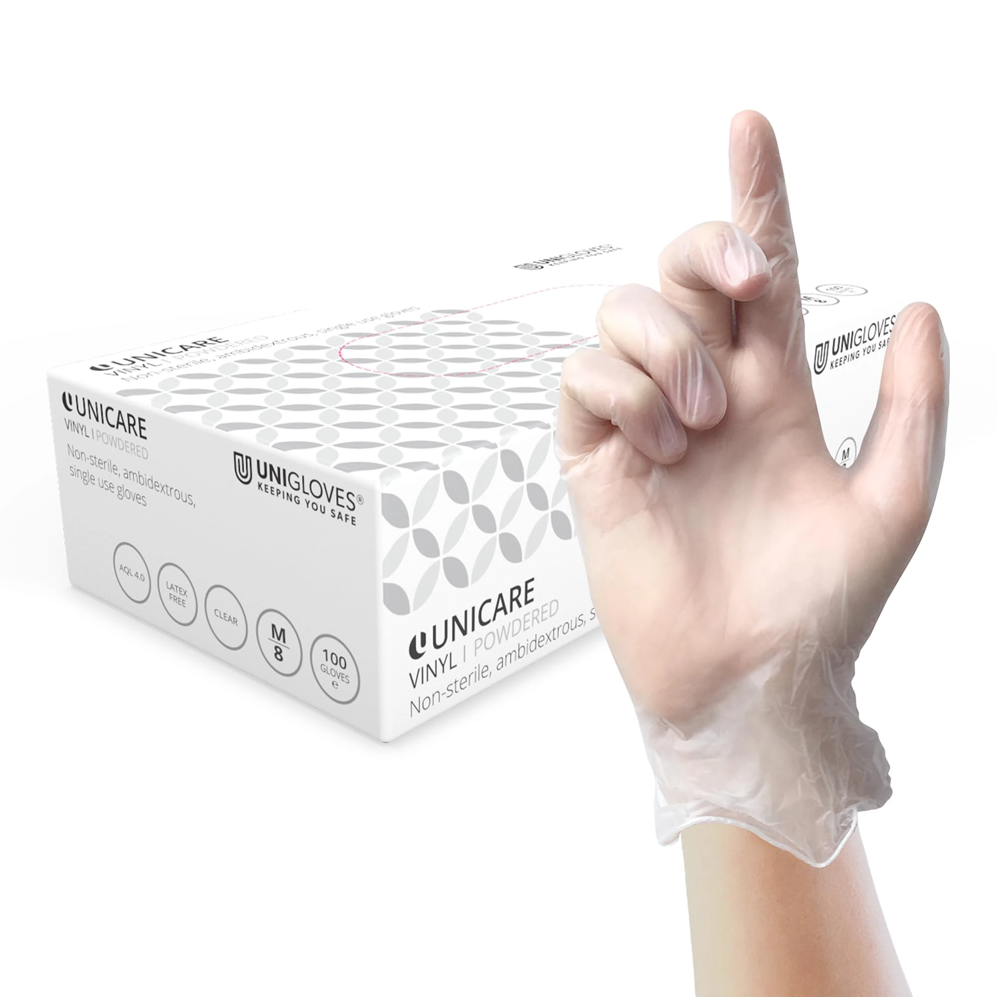 Unigloves Unicare Clear Vinyl GS0072 Examination - Multipurpose, Lightly Powdered, Latex Free Disposable Gloves, Box of 100 Gloves, Clear, Small