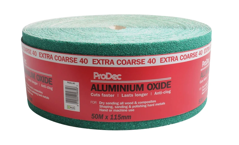 ProDec 50m Roll 40 Grit Extra Coarse Grade Green Aluminium Oxide Abrasive Sanding Paper for Sanding Wood, Paint, Plaster, Filler, Metal and More, 115mm Wide Sandpaper Compatible with Machine Sanders
