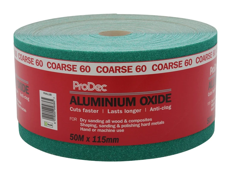 ProDec 50m Roll 60 Grit Coarse Grade Green Aluminium Oxide Abrasive Sanding Paper for Sanding Wood, Paint, Plaster, Filler, Metal and More, 115mm Wide Sandpaper Compatible with Machine Sanders