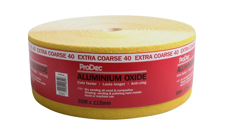ProDec 50m Roll 40 Grit Extra Coarse Grade Yellow Aluminium Oxide Abrasive Sanding Paper for Sanding Wood, Paint, Plaster, Filler, Metal and More, 115mm Wide Sandpaper Compatible with Machine Sanders