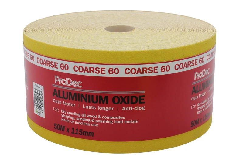 ProDec 50m Roll 60 Grit Coarse Grade Yellow Aluminium Oxide Abrasive Sanding Paper for Sanding Wood, Paint, Plaster, Filler, Metal and More, 115mm Wide Sandpaper Compatible with Machine Sanders